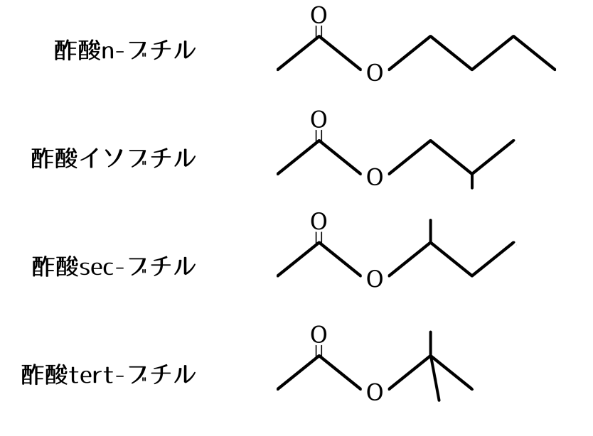 酢酸n-ブチル　酢酸イソブチル　酢酸sec-ブチル　酢酸tert-ブチル　構造式