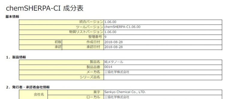 chemSHERPA-CI成分表　（基本情報、製品情報、発行者・承認者会社情報）