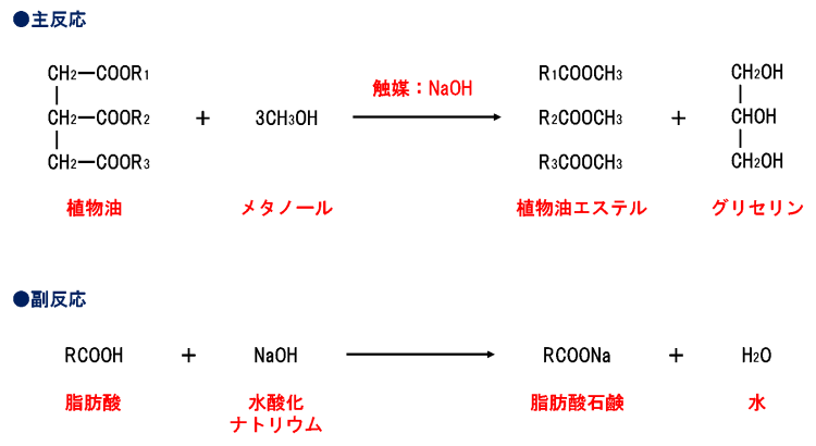 植物油エステルの主反応と副反応の化学式