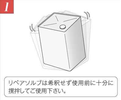 リペアソルブNシリーズ　リペアソルブA　手順1 リペアソルブは希釈せず使用前に十分に撹拌してご使用下さい。