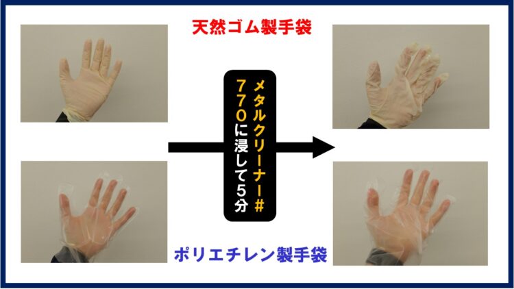 天然ゴム手袋とPE手袋をメタルクリーナー＃770で溶けるか実験した図